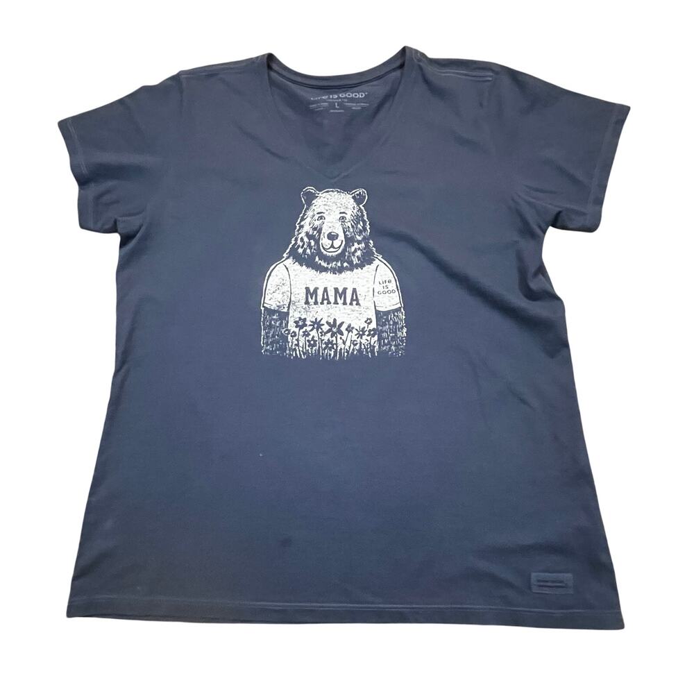 Life Is Good Mama Bear V Neck Tee Womens Large Blue Graphic Short Sleeve